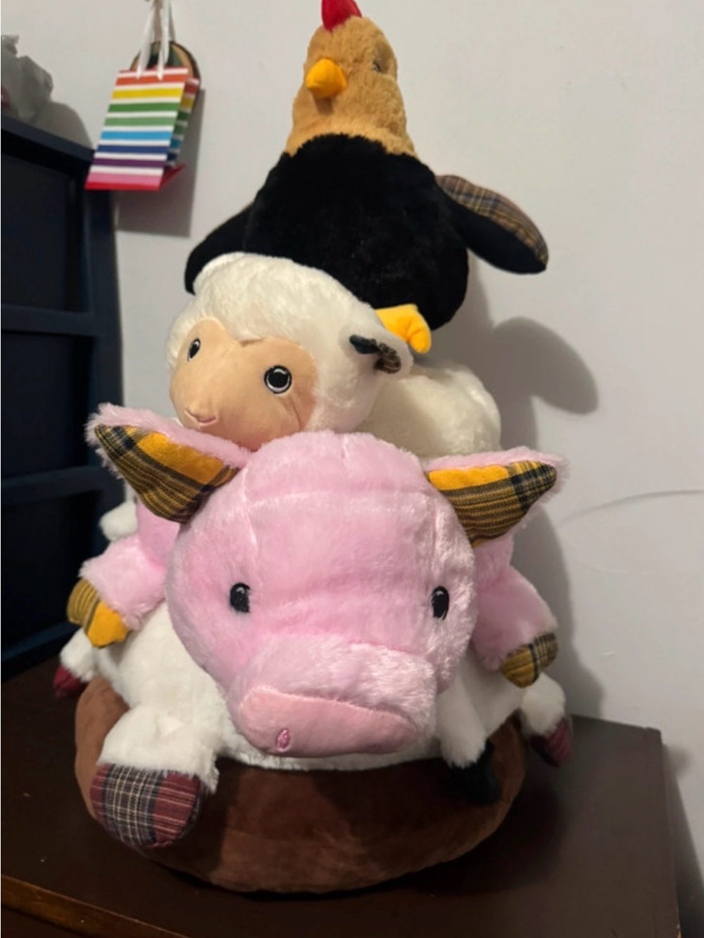 Stackable Plush Farm Friends - Pink Pig, White Sheep, Black Chicken